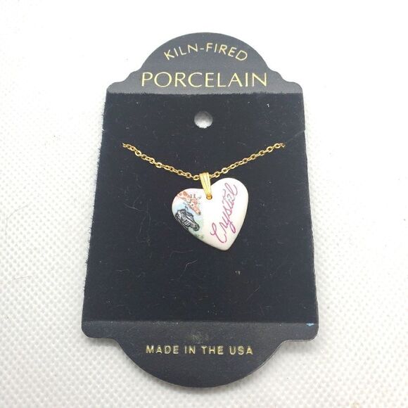 Kiln-Fired Porcelain Crystal Heart Necklace - Picture 1 of 3